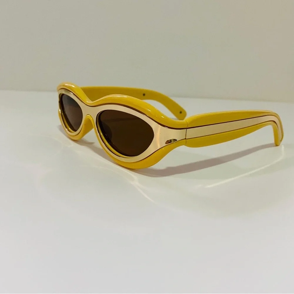 Luxury futuristic cat eye oval mustard pastel yellow steampunk sunglasses